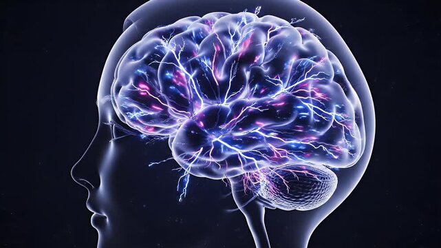 Profile View Of Glowing Neural Brain Activity Visualization.