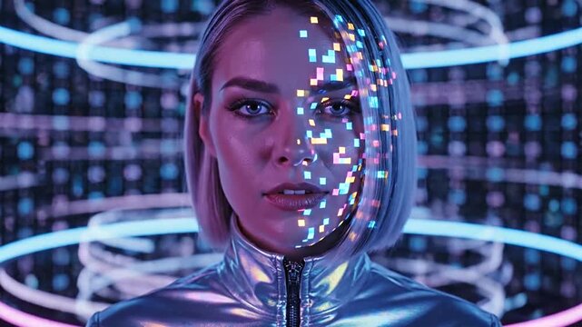Futuristic Woman with Digital Disintegration Effect.