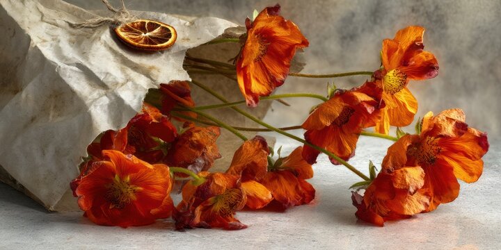 Still life of vibrant orange flowers spilling from a paper package with dried orange slice