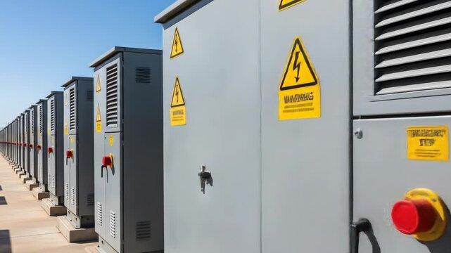 A row of identical gray electrical boxes with warning signs on the side