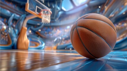 Basketball commercial background with Basketball Baseline Court Advertising Scene with Basketball, Basketball Court Basketball Advertising Background for Sports Branding and Basketball Promotion 
