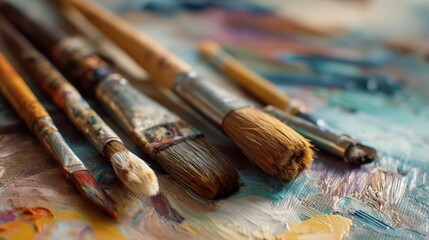 Fototapeta premium Education training class. Knowledge learning improvement study. A closeup of paintbrushes on a vibrant, colorful palette, with a blurred background, emphasizing the artistry of the scene.