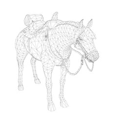 A wireframe horse model with a saddle stands isolated on a clean white background. This digital animal illustration is perfect for design projects.