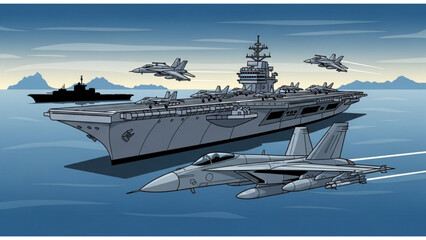 Aircraft carrier and fighter jets in action over the ocean with other naval vessels nearby in a digital illustration