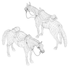 Two wireframe horses with saddles stand side by side against a clean white background. This minimalist animal set uses geometric lines and shapes.