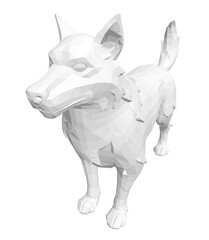 A stylized polygonal dog composed of colorful geometric shapes creates a unique and eye-catching design on a clean white background.