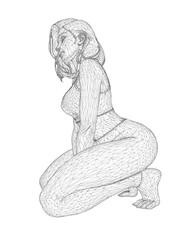 A young girl sits with her knees drawn up, wearing sportswear and leggings in a casual sketch.