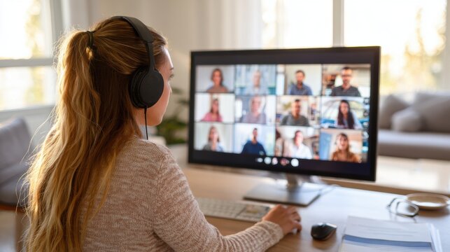 Education training class. Knowledge learning improvement study. A woman seated at a desk, intently focused on a computer screen displaying a group of people on a video call. She wears headphones.