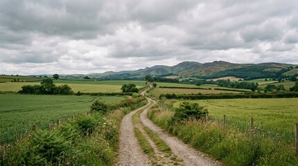 Fototapeta premium A winding dirt road through a green countryside landscape