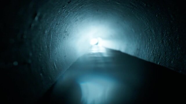Looking down a long perspective of a drainage pipe with water running along the floor. Light from the far end reflects off the damp circular walls.