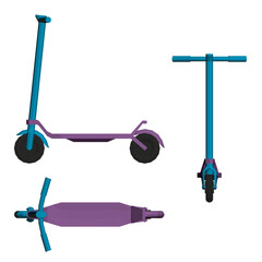 Polygonal scooter set with three unique animated designs. Bright and vibrant colors contrast with muted tones on a white background for a dynamic feel.