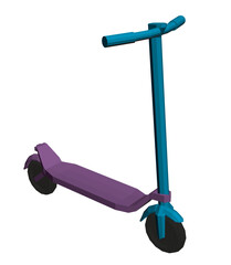 Polygonal purple and blue scooter in motion on a clean white background, created as a 3D animated graphic.