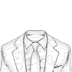 A classic black and white contour sketch of a suit blazer and tie. The blazer features a lapel collar, two buttons, and flap pockets alongside a patterned tie.