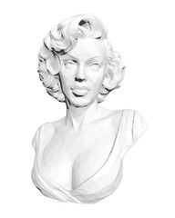 A low poly black and white bust sculpture of a woman, featuring intricate polygonal details against a stark white background.