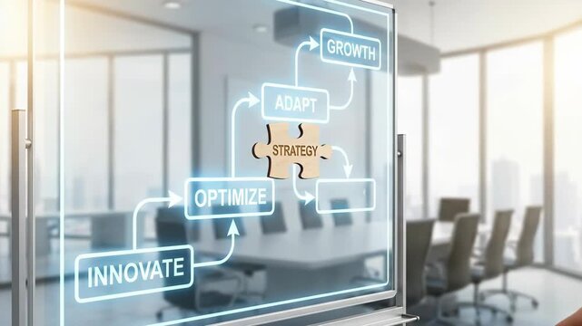 Man's hand placing a strategy block on a workflow chart for business solution. Corporate planning and development concept.