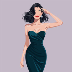 Fototapeta premium Vector flat faceless fashion illustration of a charming young woman in an off-shoulder dress with luxurious curls. 