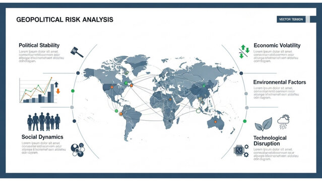 Global Geopolitical Risk Analysis Map Illustrating Economic Viability and Environmental Factors with Technological Advancements