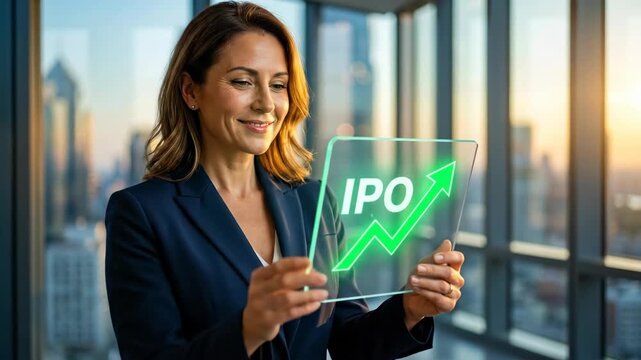 A woman holds a transparent screen with a chart showing the growth of initial public offerings (IPOs). A businessman displays a chart showing IPO success and stock market data.