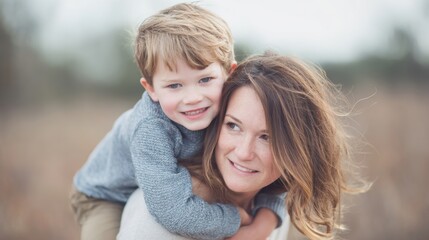 Fototapeta premium Mothers Day, Valentines Day, love holiday theme. A woman wearing a white dress, cradling a young boy in her arms. The boy wears a blue shirt and brown pants. The background is blurred.