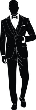 Silhouette vector of a confident stylish black man wearing a tuxedo suit with a bow tie walking forward with confidence. 