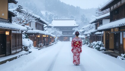 冬 雪景色 町並み 着物 女性 後ろ姿