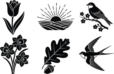 Nature silhouettes collection featuring tulip flower, sunrise landscape, bird, swallow, oak leaf and acorn isolated black vector illustration set © Sujoy