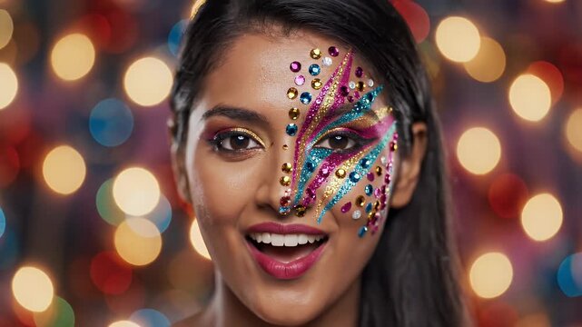Vibrant Festival Portrait with Colorful Face Paint and Bokeh Lights.