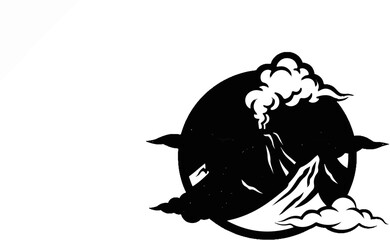 Stylized black and white depiction of an erupting volcano with clouds