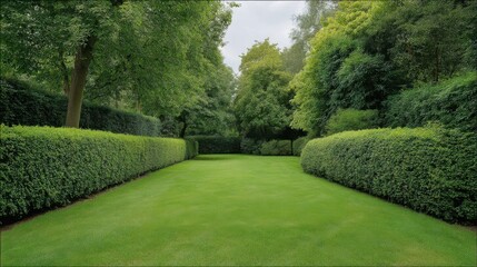 Naklejka premium Serene Garden Pathway Surrounded by Lush Green Hedges and Vibrant Trees in a Quiet Natural Landscape