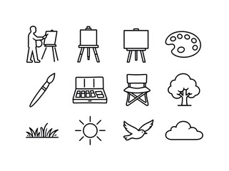 Clean line icon collection with park, bench, easel and outdoor creative elements.