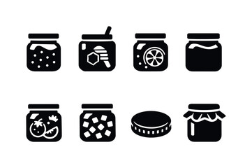 Homemade Preserves. Filled icon set of Homemade Preserves: jam jar, honey jar, marmalade jar, peanut butter