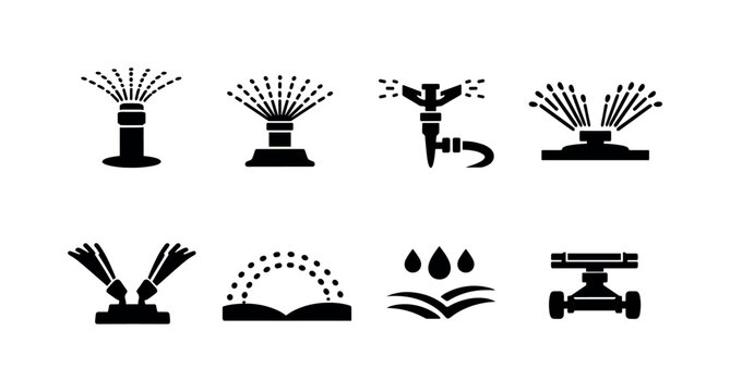 Garden irrigation line art set. Filled icon set of Garden irrigation line art set: pop up sprinkler head,