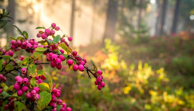 Dewy pink berries on branches in a sunlit forest, soft focus background with trees and fog