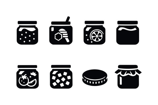 Homemade Preserves. Filled icon set of Homemade Preserves: jam jar, honey jar, marmalade jar, peanut butter