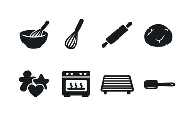 Baking Process. Filled icon set of Baking Process: mixing bowl, whisk, rolling pin, dough ball, cookie shapes,