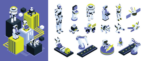 Fototapeta premium Isometric Robot Technology Icons and Automation Illustrations