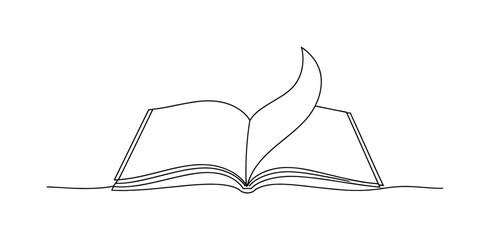 Minimal open book outline illustration isolated on white background.