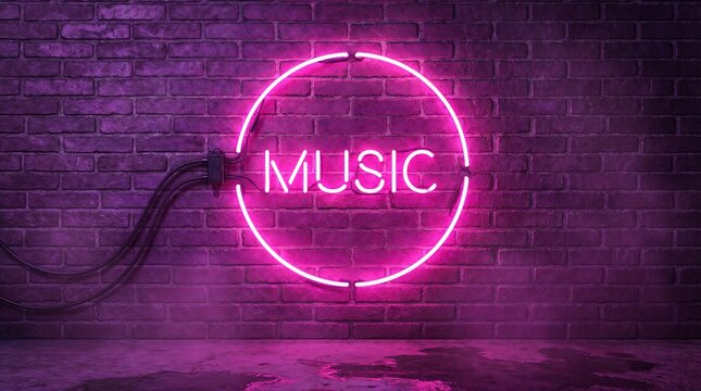 A neon sign reading music on brick wall.