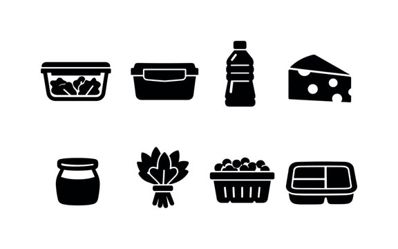 Healthy Fridge Storage. Filled icon set of Healthy Fridge Storage: glass container with salad, reusable food