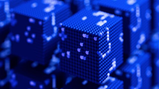 Cubes of spheres in blue blinking. Seamlessly loopable video with shallow depth of field. Neural activity, memory blocks, data center, blockchain, quantum computing, simulation concept.