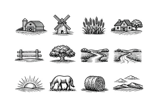 Rural landscape vintage engraving. Line outline icon set of Rural landscape vintage engraving: barn, windmill,