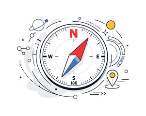 Detailed compass illustration with cardinal directions symbolizing navigation, orientation and travel adventure concept © Ivanja