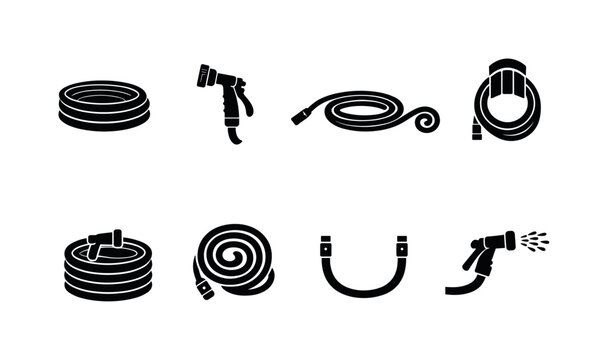 Garden Hose Icon Set. Garden hose line art set. Filled icon set of Garden hose line art set: hose in oval coil