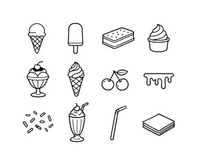 summer ice cream treats outline set. Line outline icon set of summer ice cream treats outline set: ice cream