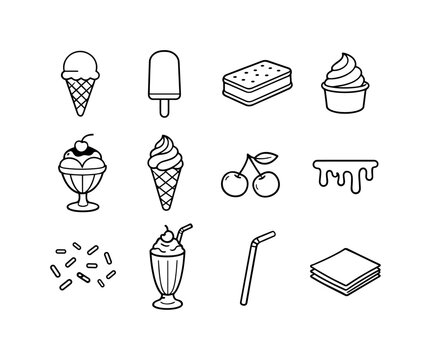 summer ice cream treats outline set. Line outline icon set of summer ice cream treats outline set: ice cream