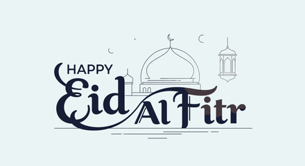 A modern flat design illustration featuring elegant "Happy Eid Al-Fitr" typography with mosque dome background, surrounded by a latern,  simple crescent moon and stars. © KendraFZ