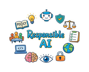 Responsible AI. Hand drawn illustration of Responsible AI. robot head, shield icon, balance scales, checklist