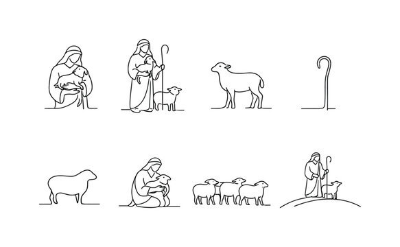 "Shepherd with Lamb". Minimalistic set one-line drawing shepherd holding lamb in arms, shepherd with staff and
