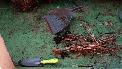 Naklejka premium Cleaning tools, dry branches, and debris on wet green balcony floor during rain, small gardening shovel and dustpan with water, urban outdoor maintenance