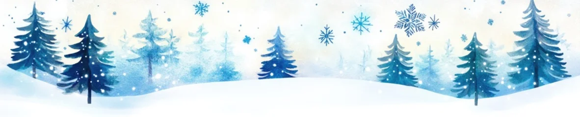 Winter wonderland with snowflakes and pine trees in watercolor art © dashtik